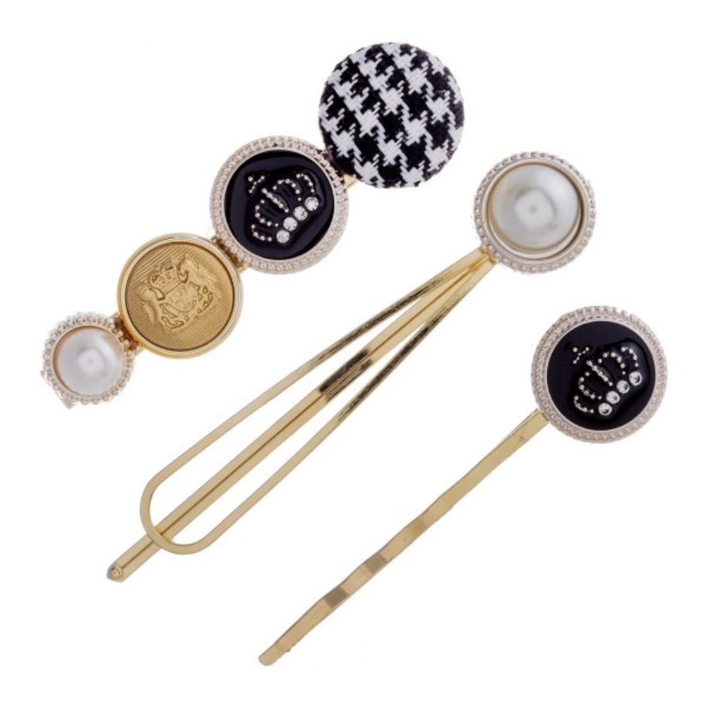 Trio set of hair pins houndstooth, crown and pearl